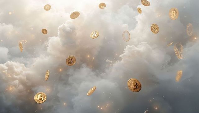 Floating golden bitcoin coins drifting through ethereal clouds, digital wealth