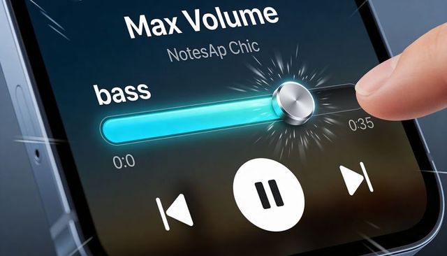 Finger Adjusting Bass Slider on Touchscreen Music App with Metallic Knob at Max Volume