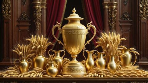 Lavish golden urn arrangement with wheat in opulent hall