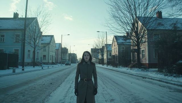 Woman standing alone on snowy suburban street wearing belted coat and black gloves