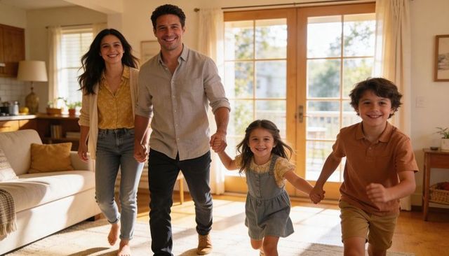 Sunlit family walking home holding hands, smiling parents and kids enjoying morning