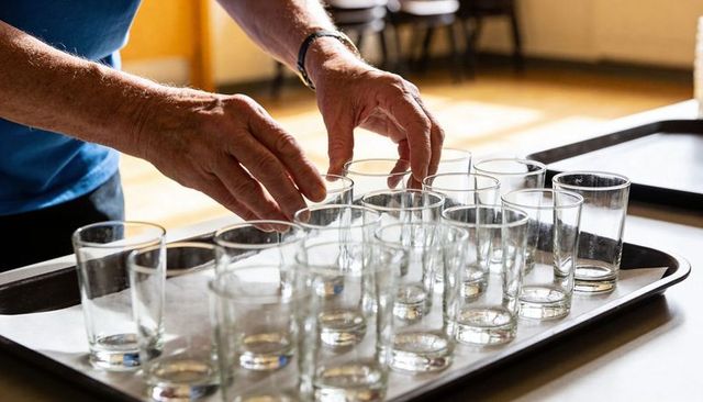 Senior hands arranging clear tumblers on tray for banquet service and table setup