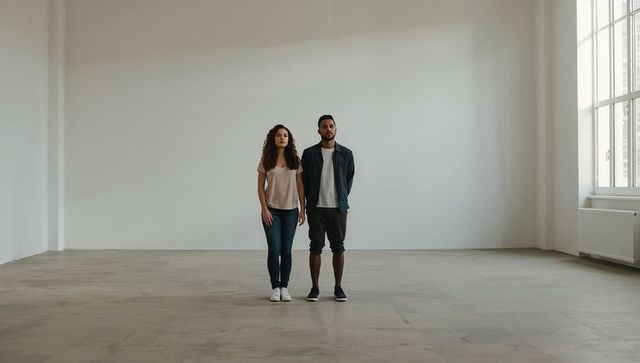 Minimalist couple standing in sunlit spacious studio with polished concrete floor and large window
