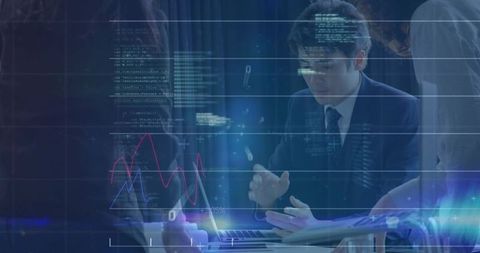 Executive Leading Data-Driven Meeting with Holographic Analytics and Code Overlays