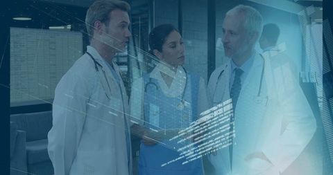 Health Professionals Consulting Patient Data with Futuristic Overlay