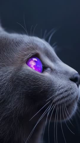 Gazing gray cat tilting head upward with glowing purple eye, mystic vertical video loop