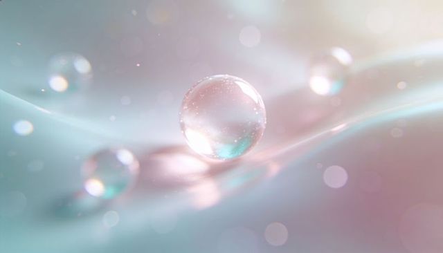 Iridescent glass orb resting on pastel wavy surface with soft bokeh and microbubbles