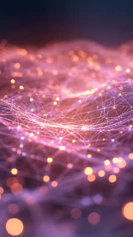 Pulsing neural mesh vertical video showing glowing nodes, flowing data and bokeh waves