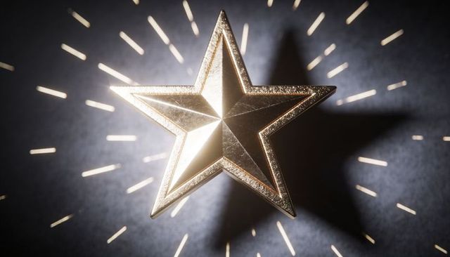 Glinting gold star ornament casting radiant light streaks and sharp shadow