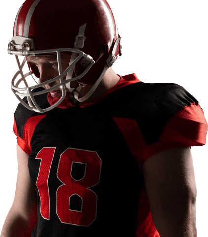 Transparent background young american football player ready in helmet