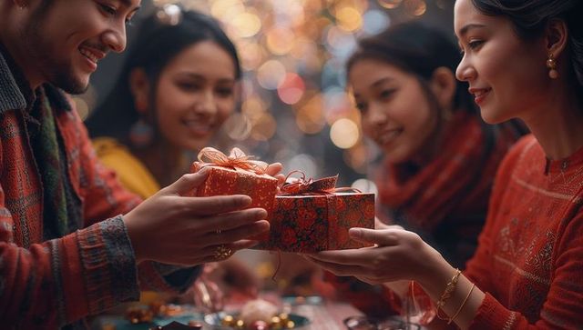 Joyful friends in red celebrating christmas with gift exchange