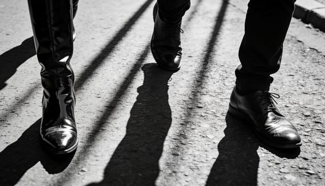 Monochrome street walk: knee-high boots and lace-up dress shoes casting long shadows