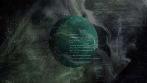 Digital Data Swirling Around Green Planet in Space