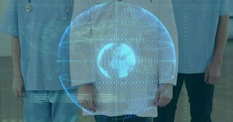 Medical team collaborating with holographic augmented reality globe for global health data