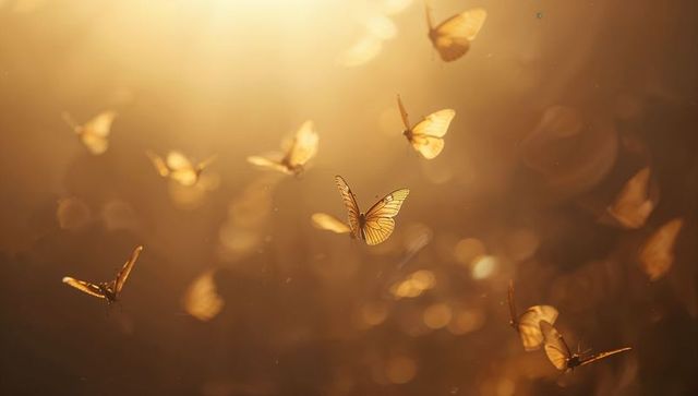Golden butterflies gliding through sunlit dust with backlit veins and warm bokeh