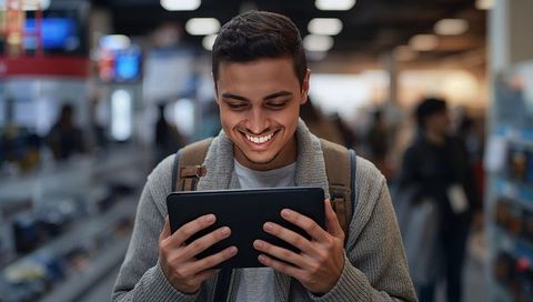 Smiling young man browsing tablet in busy electronics aisle with backpack