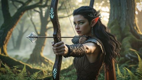 Elf Archer Drawing Bow in Enchanted Misty Forest