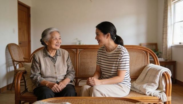 Elder mother and daughter sharing warm conversation on rattan sofa in cozy living room