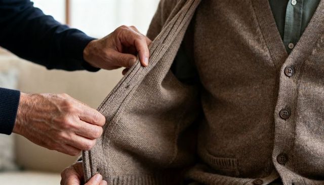 Caregiver adjusting elderly man brown cardigan on sofa close-up helping hands and buttons