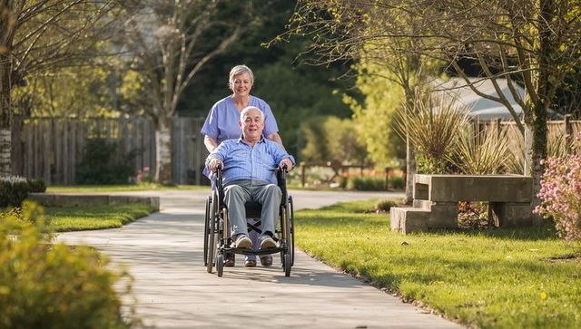 Caregiver pushing senior man in wheelchair along sunlit garden pathway for mobility support