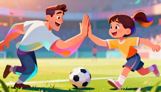 Adult man and young girl high-fiving while playing soccer on stadium field