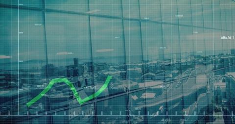 Glass facade reflecting city skyline with overlaid data grid and rising green chart