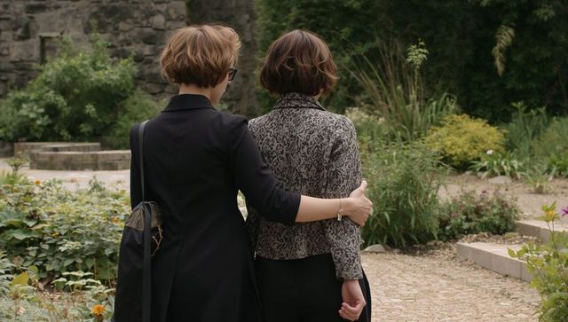 Two women walking arm in arm through serene courtyard garden wearing patterned jackets