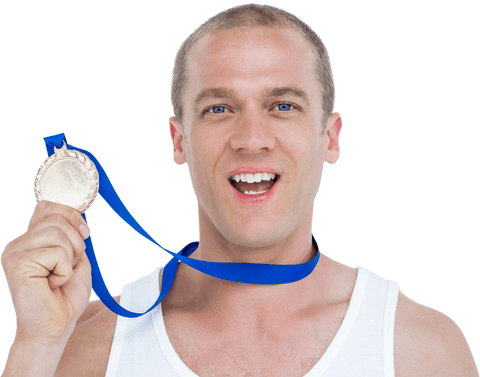 Enthusiastic Caucasian Man Holding Gold Medal on Transparent Background