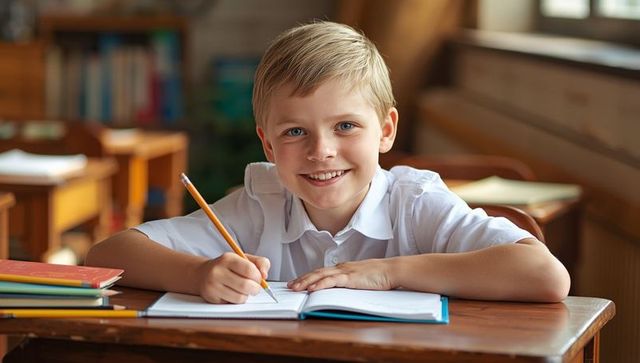 Smiling Boy Writing in Classroom with Open Notebook and Pencil
