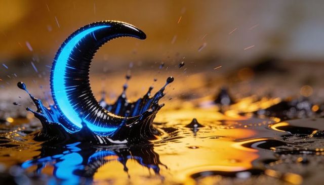 Neon blue crescent rising from glossy liquid splash with golden reflections, cinematic
