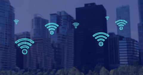 Wifi Network Icons Over Modern City Skyline - Download Free Stock Images Pikwizard.com