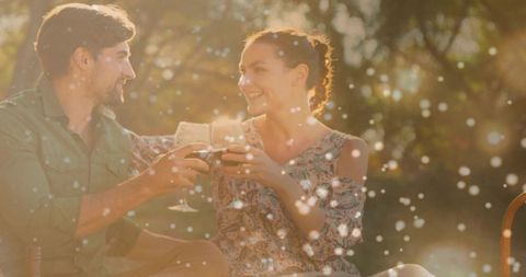 Golden-hour couple toasting wine at picnic, romantic backlit outdoor celebration
