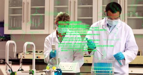 Laboratory team conducting assay with holographic data overlay pipetting blue samples