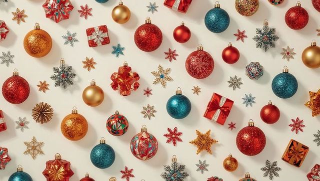 Arranging festive flatlay with red, blue and gold baubles, glitter snowflakes and gift boxes