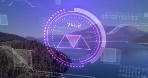 Holographic hud overlay over alpine lake featuring purple prism interface and data ring