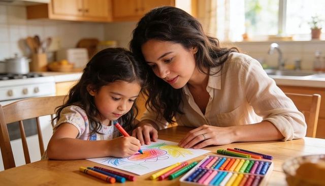 Mother leaning close guiding daughter coloring sun drawing at wooden kitchen table