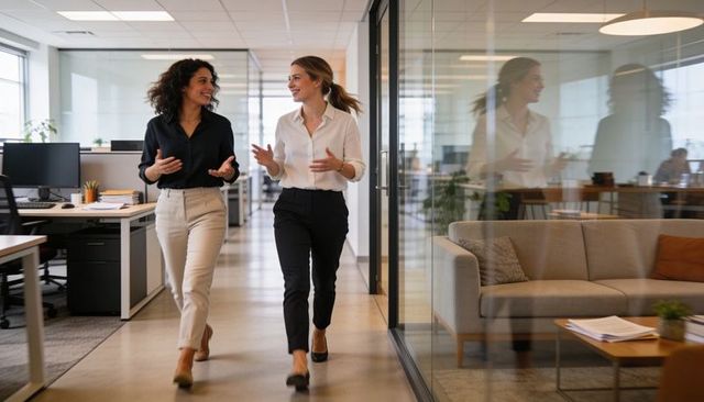 Walking and talking female colleagues in modern glass office corridor showing teamwork