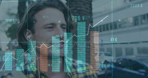 Modern Professional Walking in City with Data Overlay