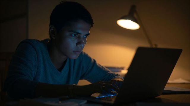 Focused asian teen studying late night on laptop under warm desk lamp for online learning