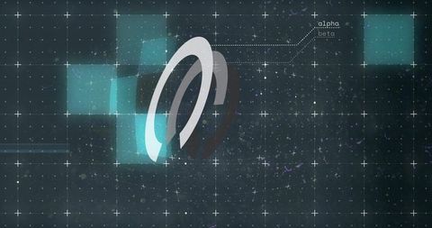 Rotating overlapping neon rings on futuristic hud grid with crosshair and alpha beta labels