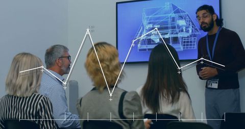 Team Analyzing Blueprint Data on Interactive Screen in Office Meeting