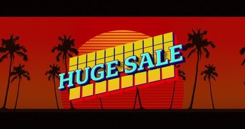 Retro sunset and palm trees with huge sale text