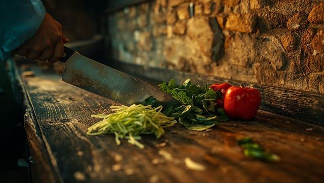 Chef hand slicing vegetables on rustic kitchen countertop