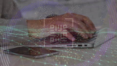 Digital Integration with QR Code Overlaid on Laptop Usage in Office