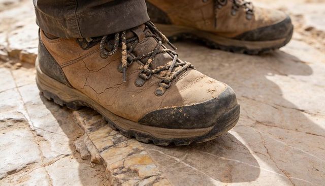 Worn brown hiking boots resting on cracked rock trail in warm sunlight, rugged outdoor footwear