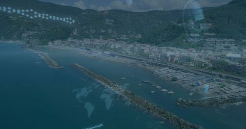 Aerial Coastal City with Digital Interface Overlay