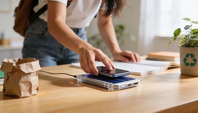 Student placing smartphone on solar charger on wooden desk with notebook and plant