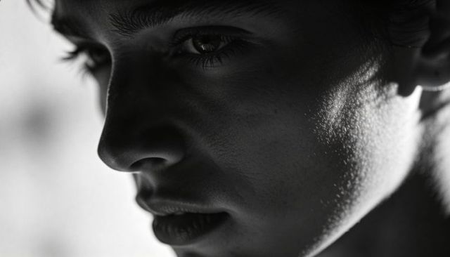 Monochrome closeup of woman gazing in dramatic chiaroscuro light, profile portrait
