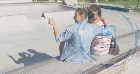 Young Friends Relaxing at Skatepark on Sunny Day