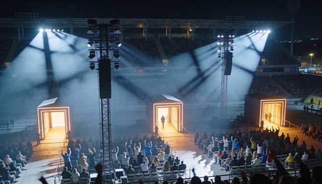 Silhouetted figure walking through illuminated portals on stadium stage with crowd spotlights